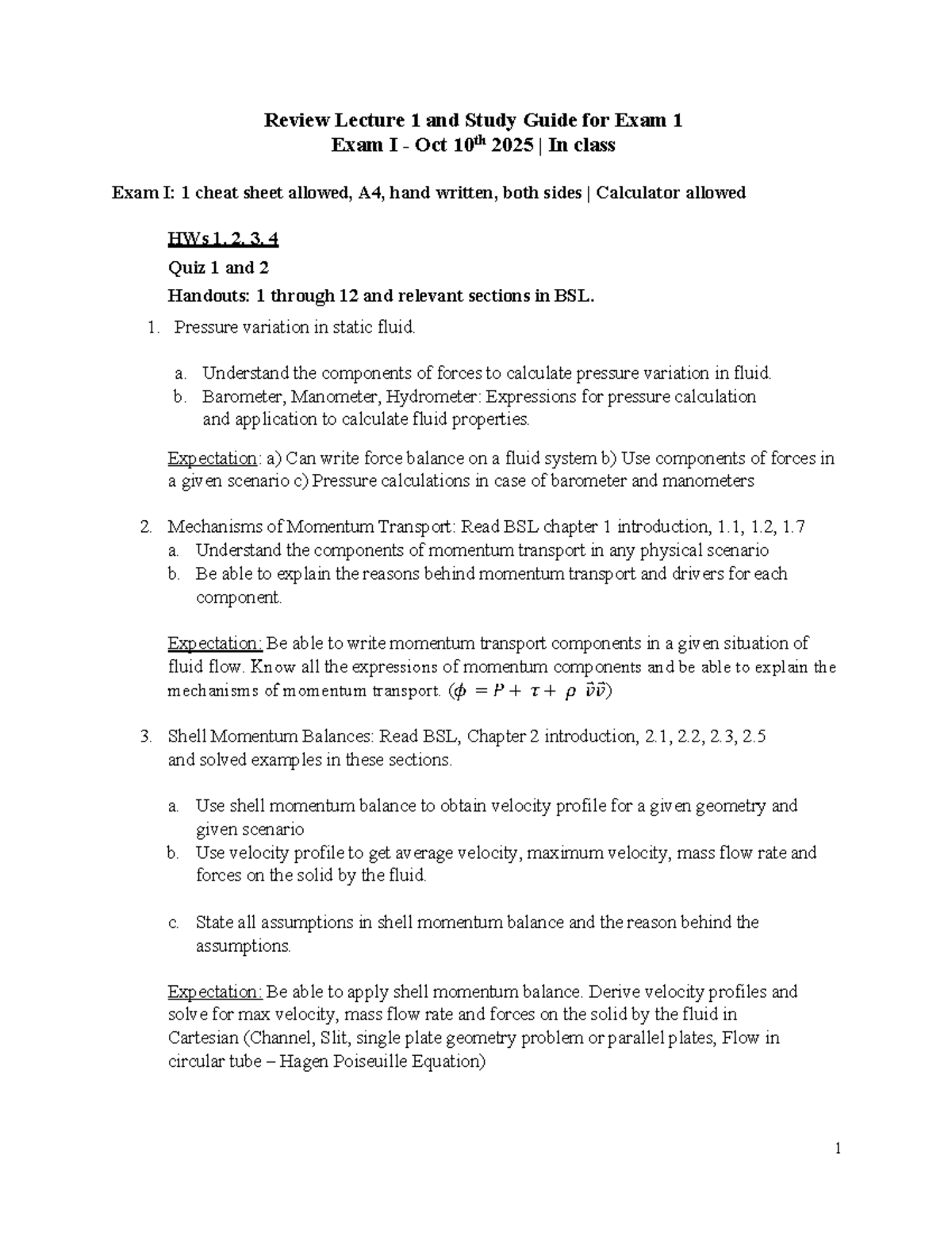 Fluid Mechanics Exam I Prep: Lecture Review & Study Guide for 5554 ...
