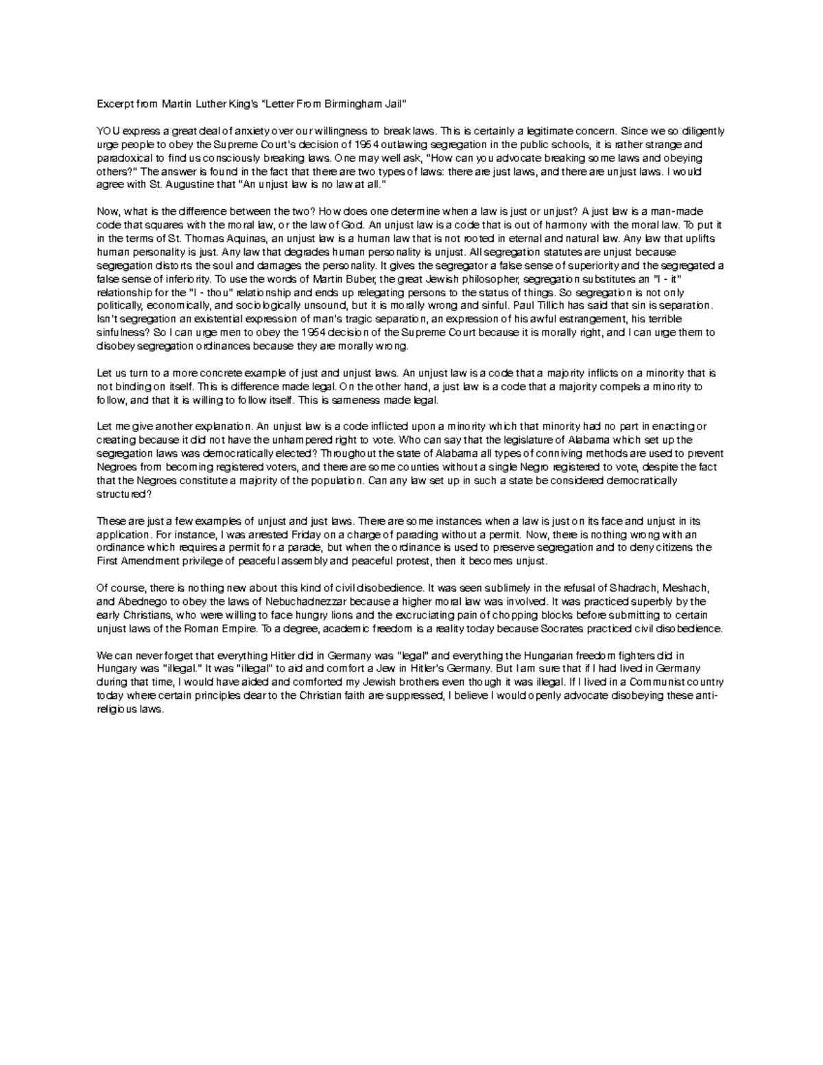 Excerpt from Martin Luther King Jr.'s Letter from Birmingham Jail - Studocu