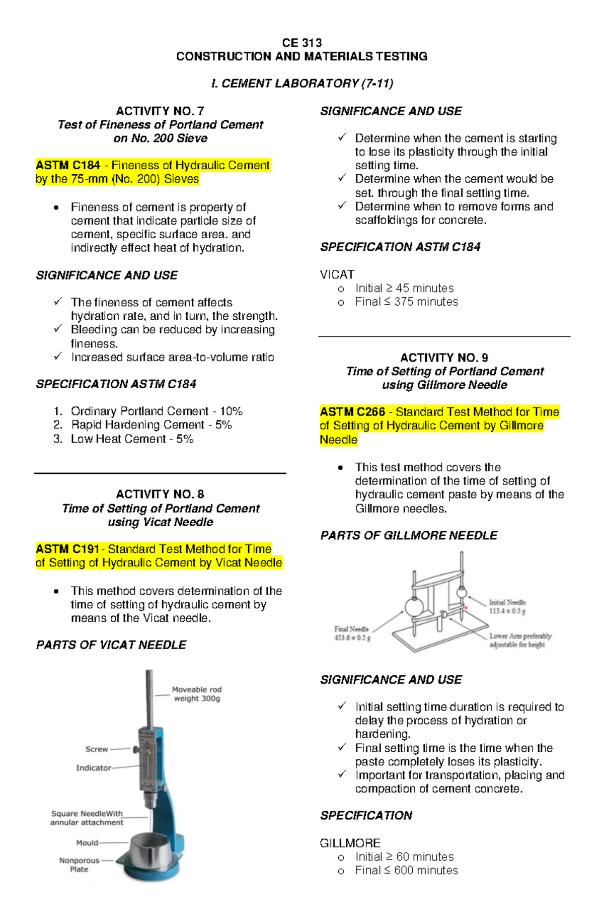 CE 313 CMT I: Cement Laboratory Activities & Testing Methods - Studocu