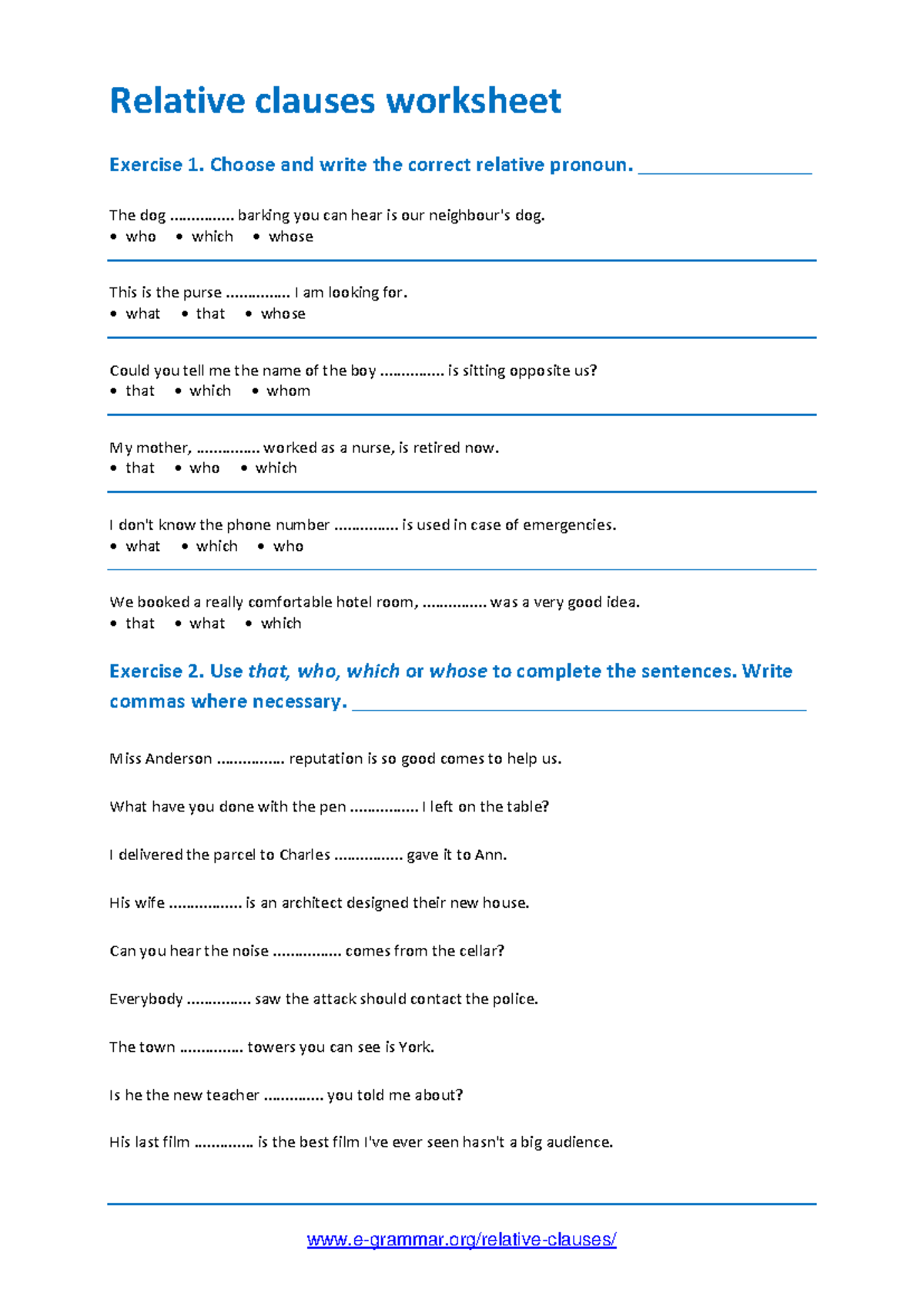 Relative Clauses Worksheet: Exercises on Pronouns and Usage - Studocu