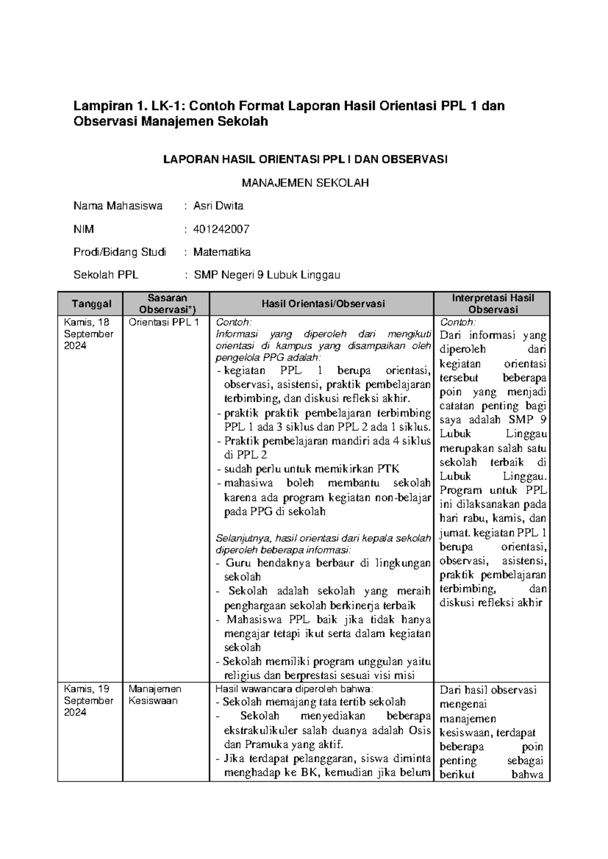 LK-1-PPL1 Laporan Observasi dan Hasil Orientasi PPL 1 Asri Dwita - Studocu