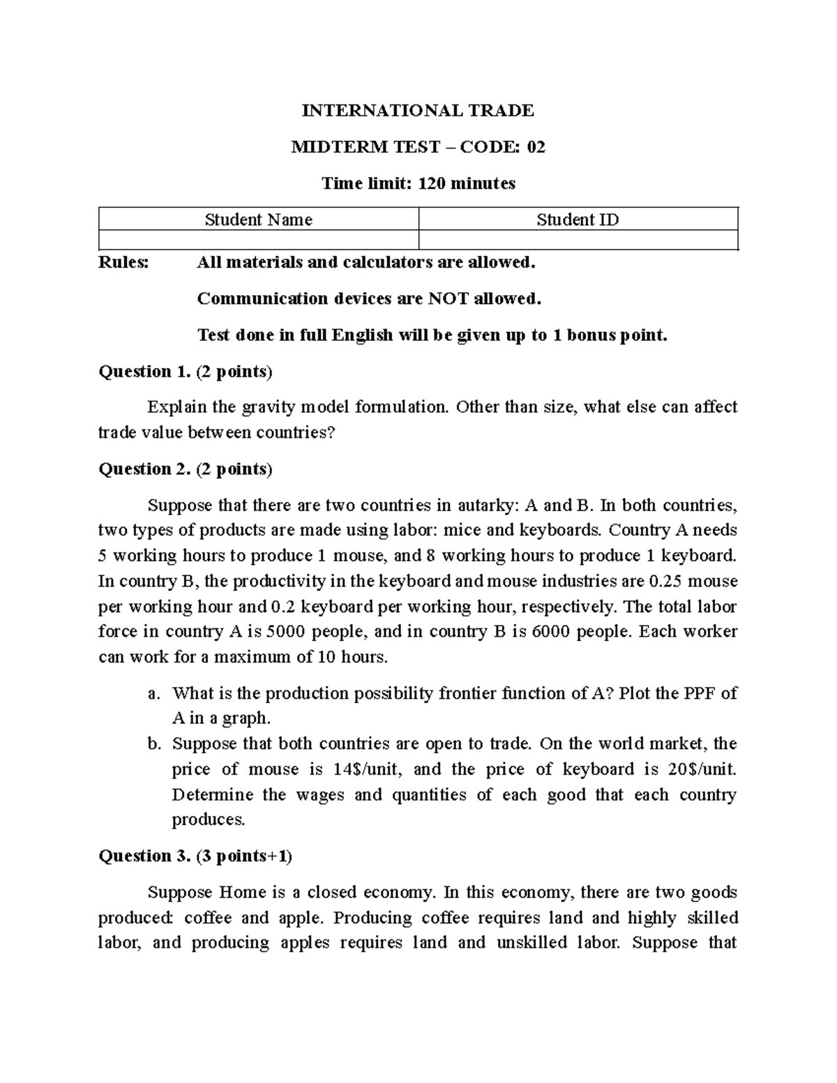 Midterm - 2a - TMQT - INTERNATIONAL TRADE MIDTERM TEST – CODE: 02 Time ...