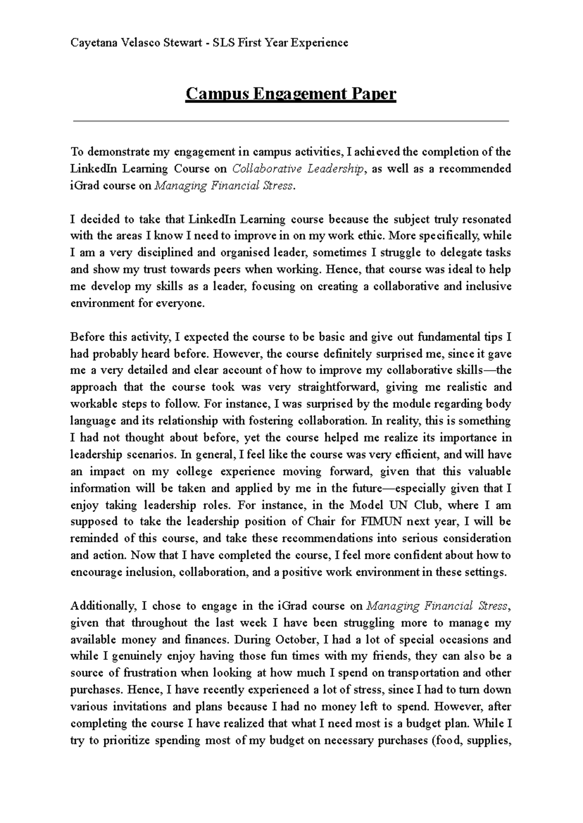 Campus Engagement Paper - Cayetana Velasco Stewart - SLS First Year ...