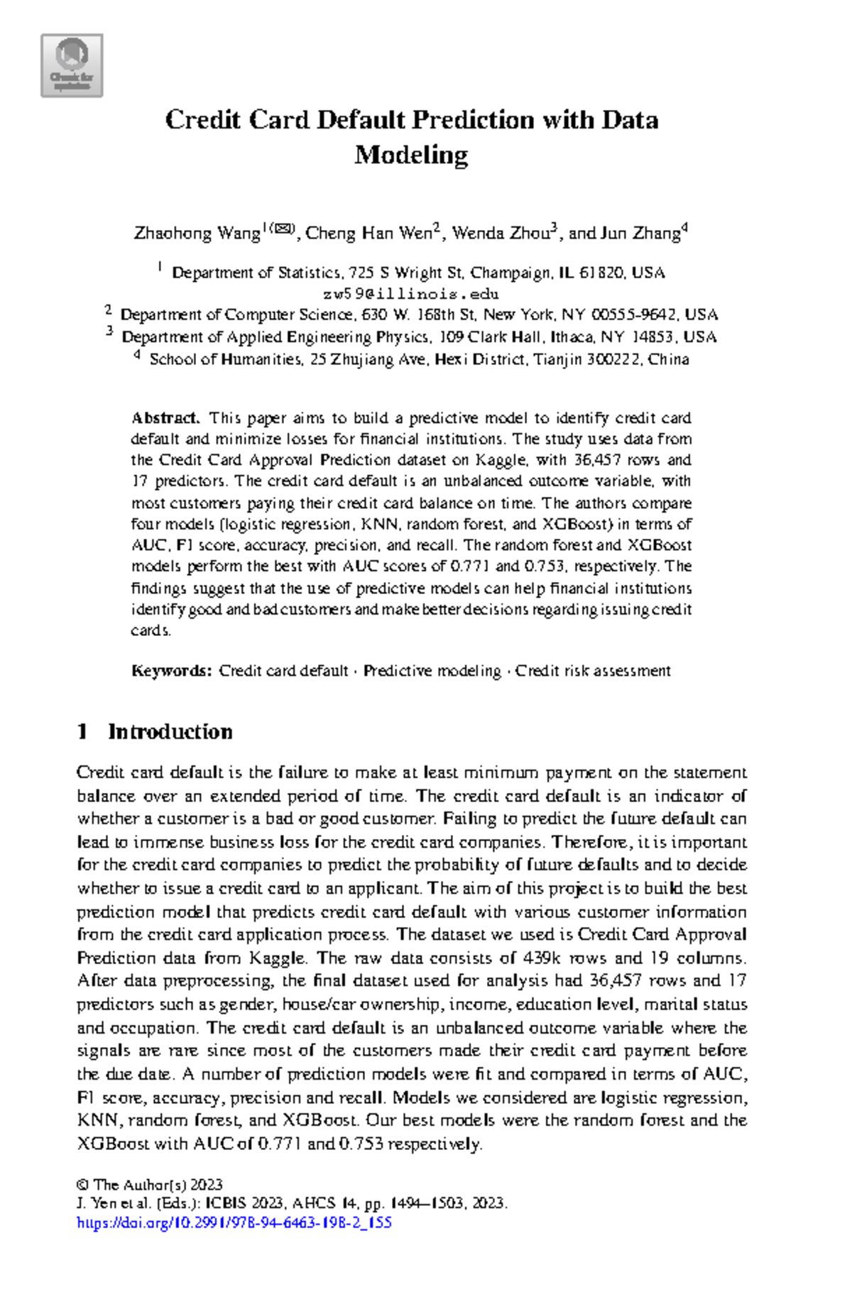 Credit Card Default Prediction: Data Modeling & Analysis (STAT 2023 ...