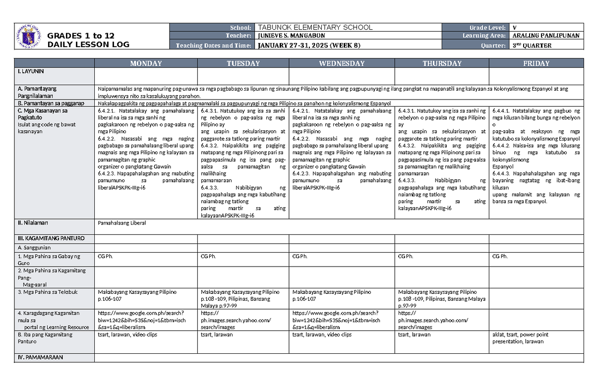 DLL Araling Panlipunan 5 Q3 W8 - GRADES 1 to 12 DAILY LESSON LOG School ...