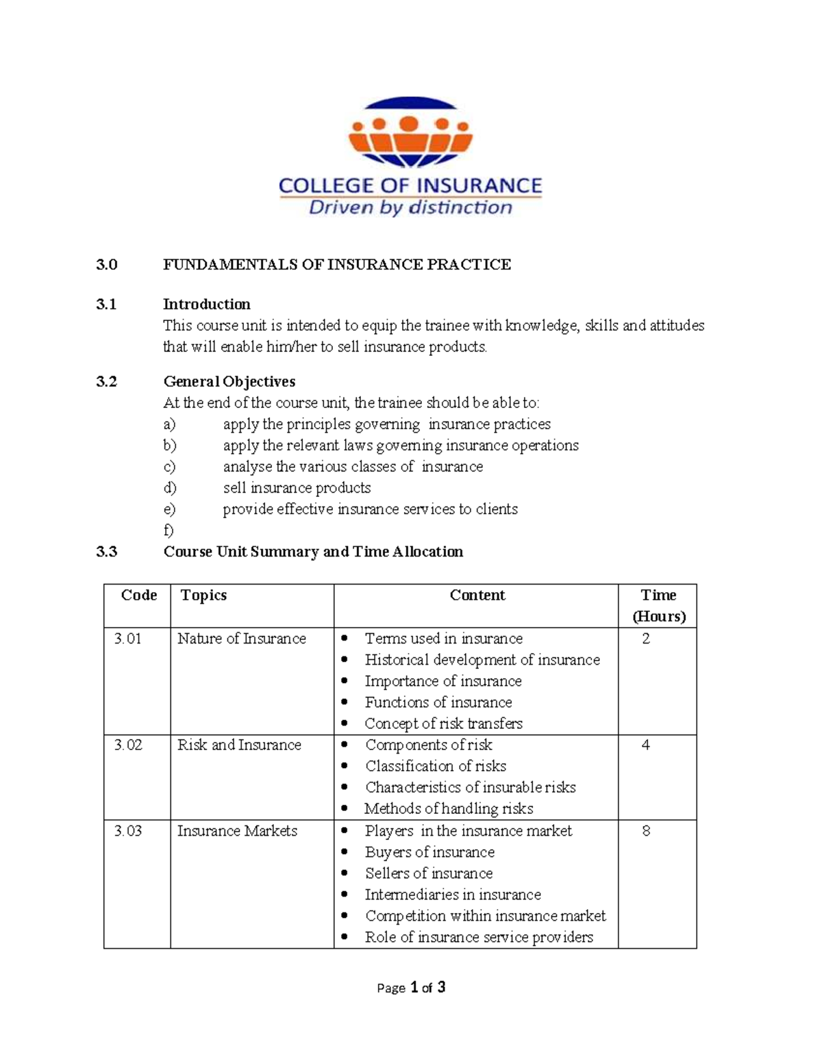 COP 101 - Fundamentals of Insurance Practice Course Outline - Studocu