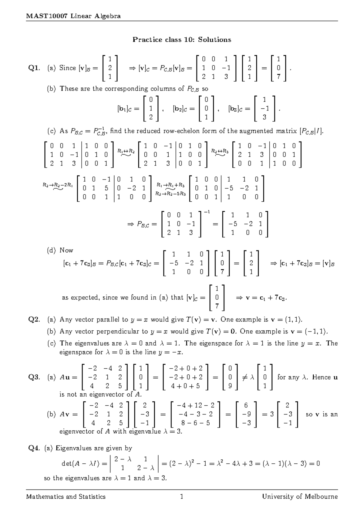 Linear Algebra Practice T10: Solutions to Class 10 Problems - Studocu