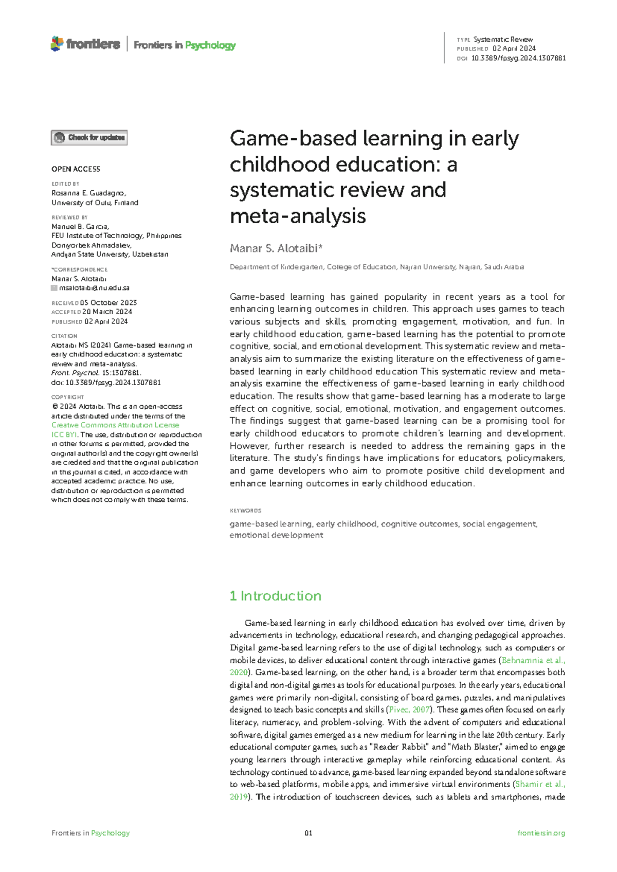 Game-Based Learning in Early Childhood Education: A Systematic Review ...
