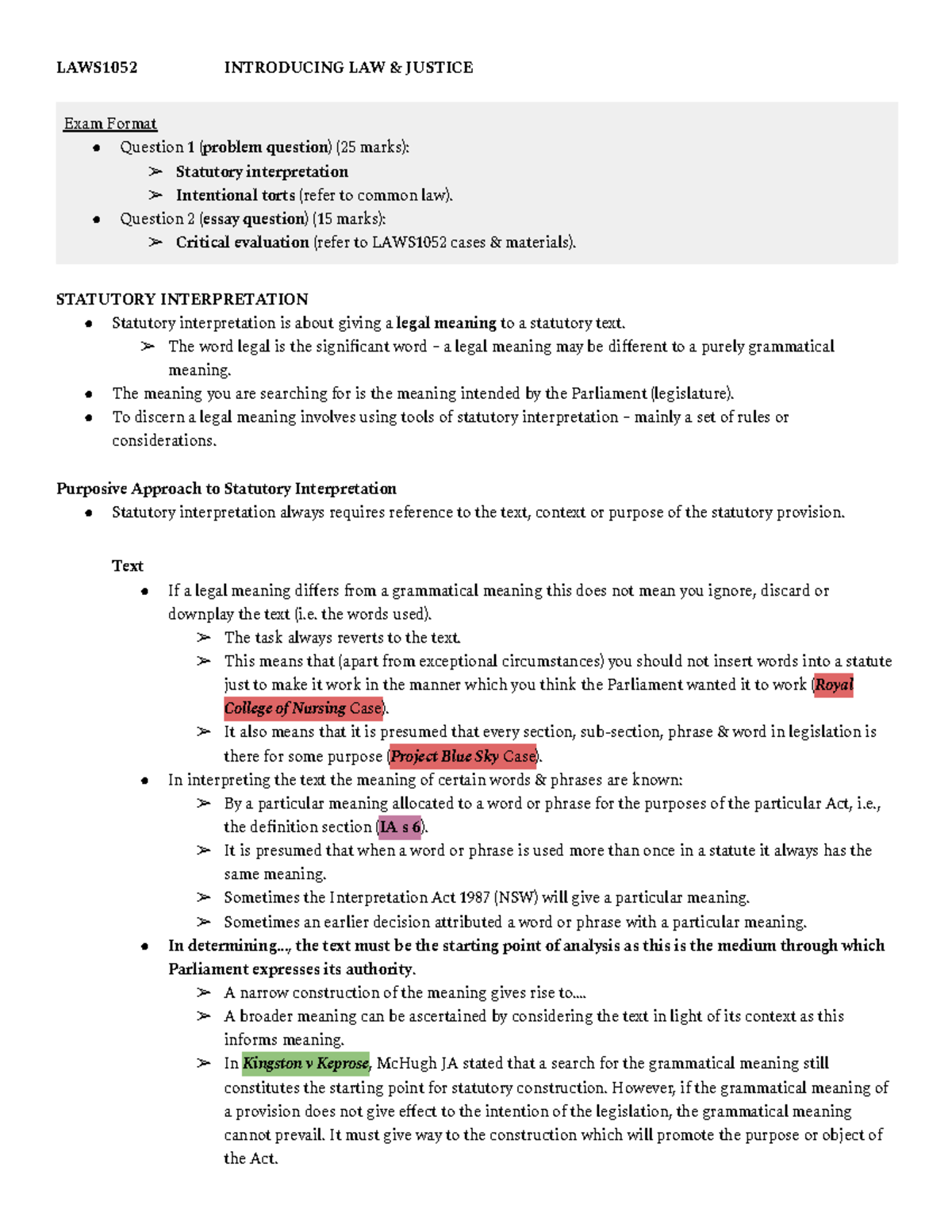 LAWS1052 INTRODUCING LAW JUSTICE Exam Format: Statutory Interpretation ...