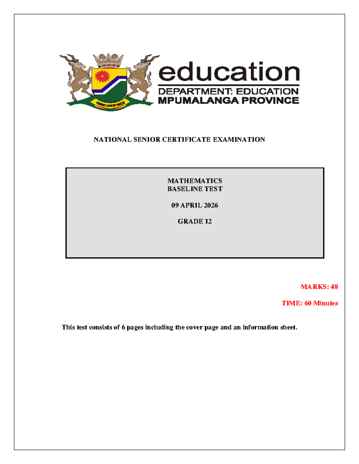 Grade 12 NSC Mathematics Baseline Test - April 2026 - Studocu