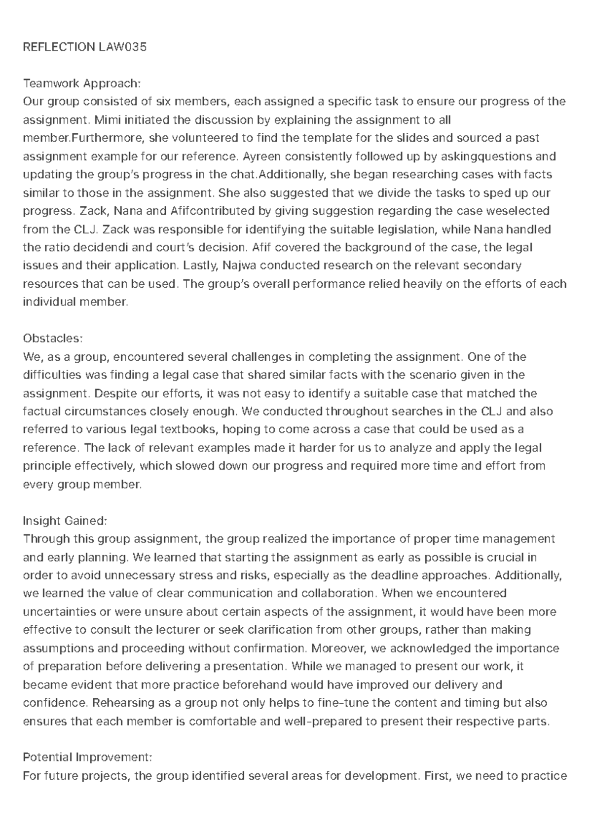 Reflection on Group Assignment: LAW035 - Insights & Improvements - Studocu
