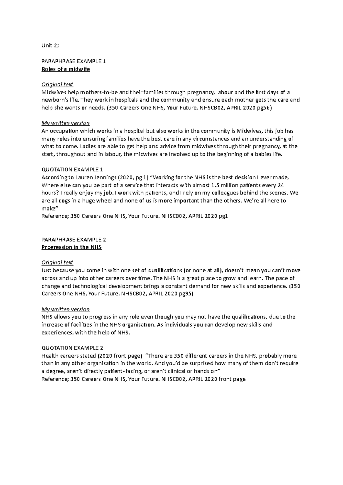 Unit 2 - academic writing skills - Unit 2; PARAPHRASE EXAMPLE 1 Roles ...