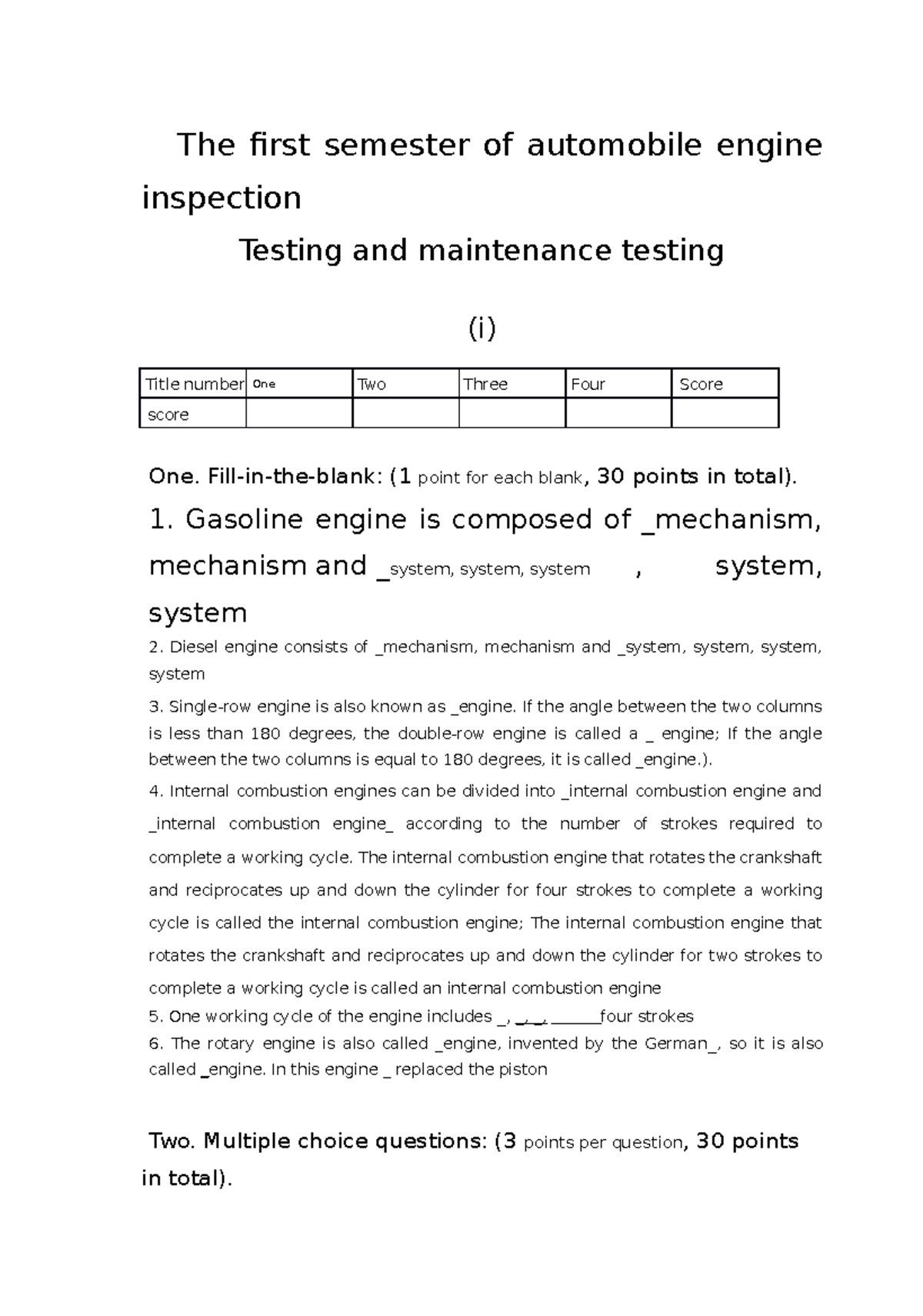 Automobile Engine Inspection & Maintenance Testing (Semester 1) - Studocu