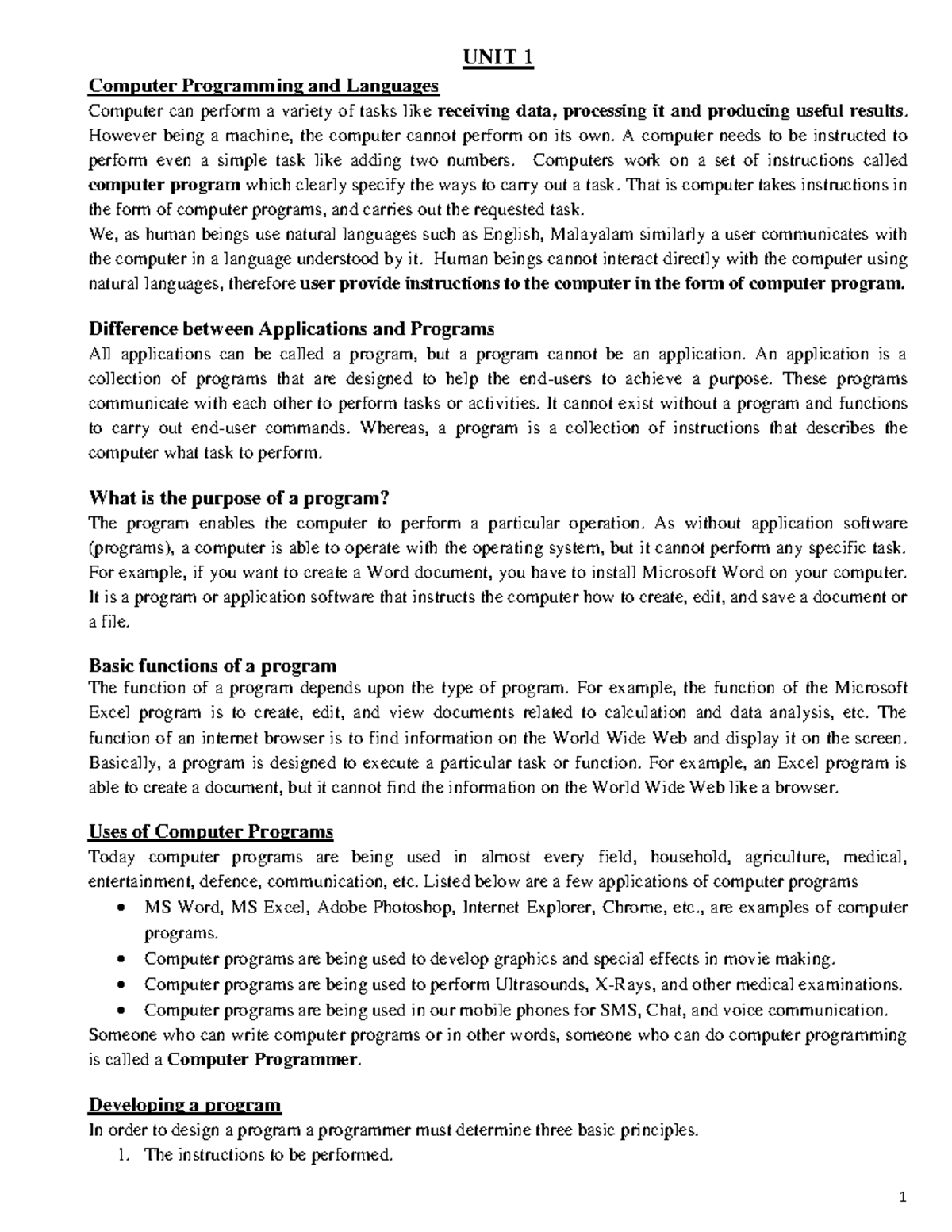 Module 1 - UNIT 1 Computer Programming and Languages Computer can ...