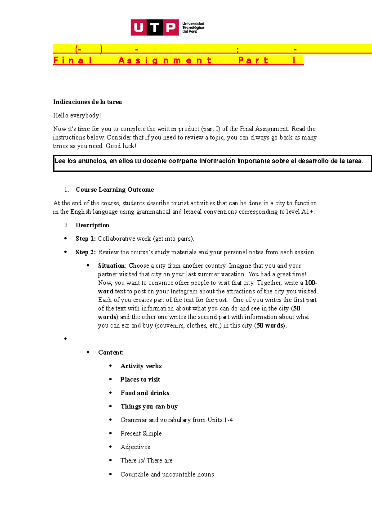 🔴 (AC-S09) Week 09 - Task Assignment - Final Assignment Part I - Ingles ...