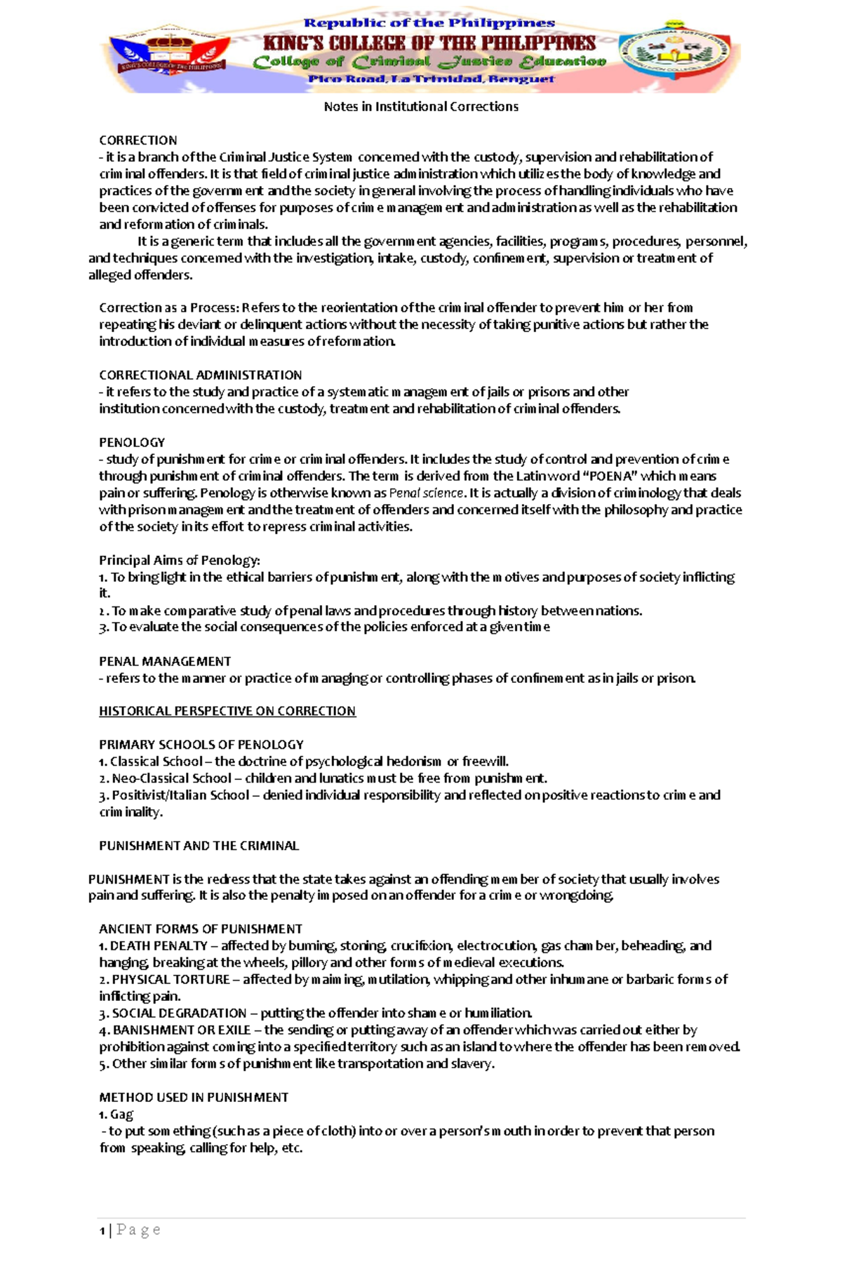 IC Prelim Notes - Overview of Institutional Corrections and Penology ...