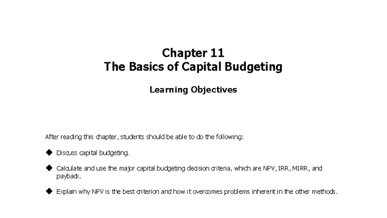FFM15: Chapter 11 - Capital Budgeting Basics & Key Calculations - Studocu