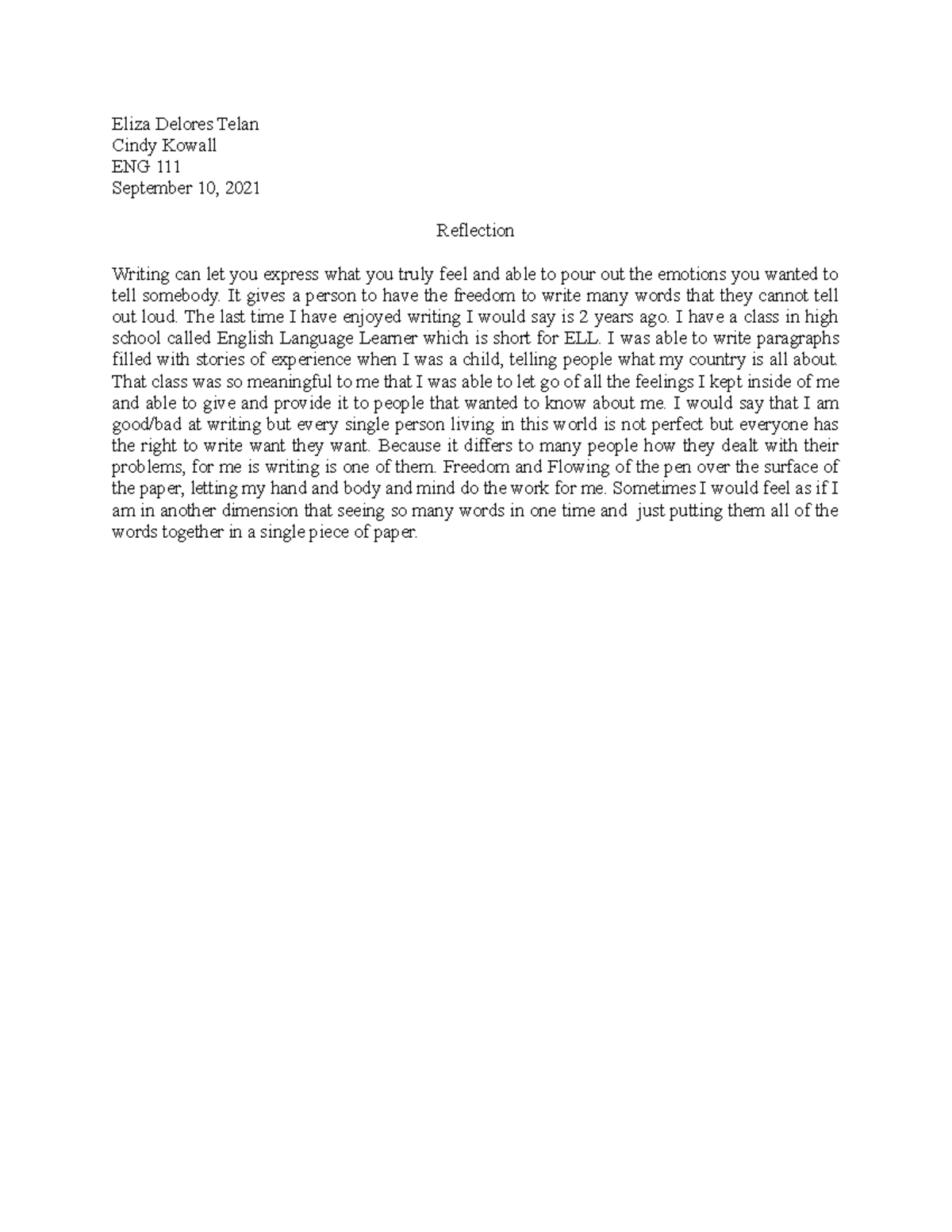 ENG 111 - Reflection on Writing and Personal Expression - Studocu