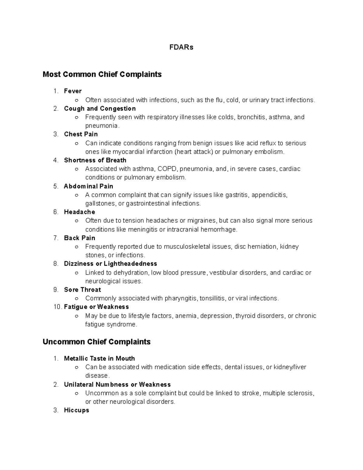 FDARs - Key Chief Complaints and Patient Management Strategies - Studocu