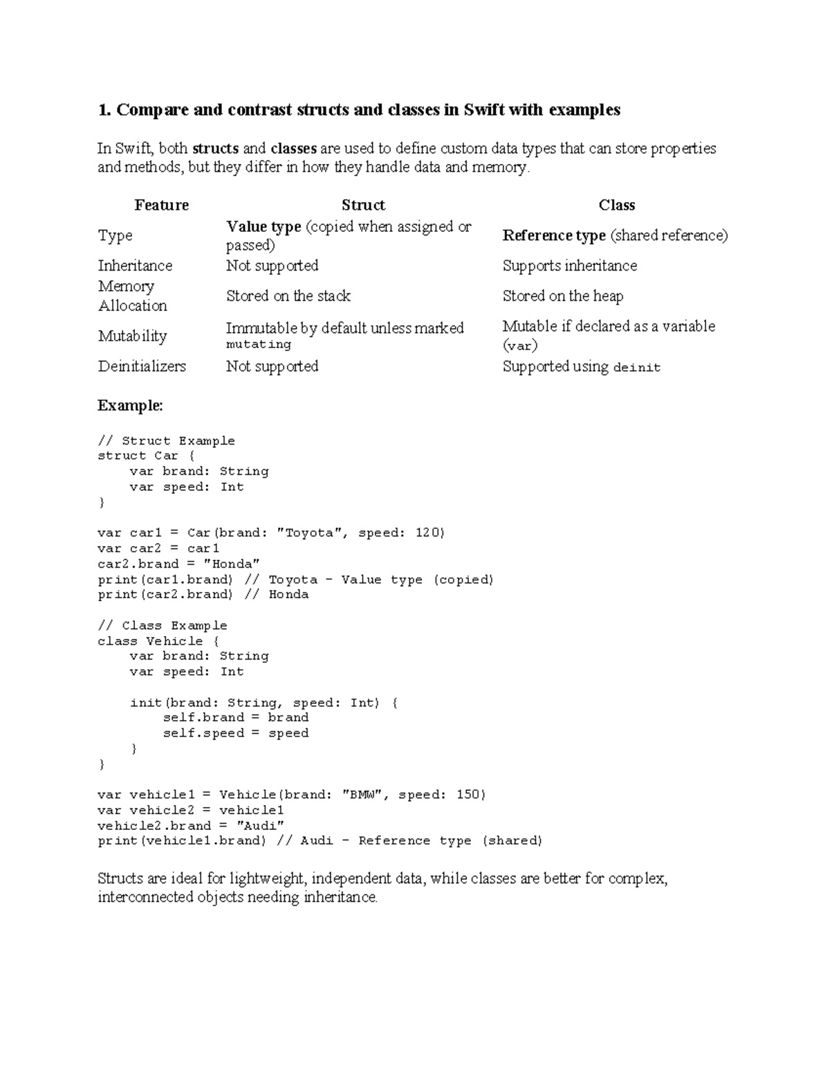 Unit 6 Programming Assignment: Structs vs Classes in Swift - Studocu