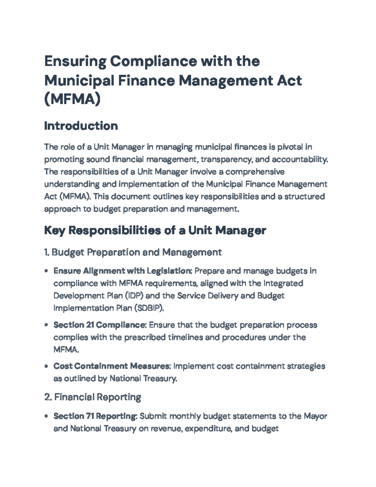 Role of Unit Manager in Compliance with MFMA: Budget & Financial ...
