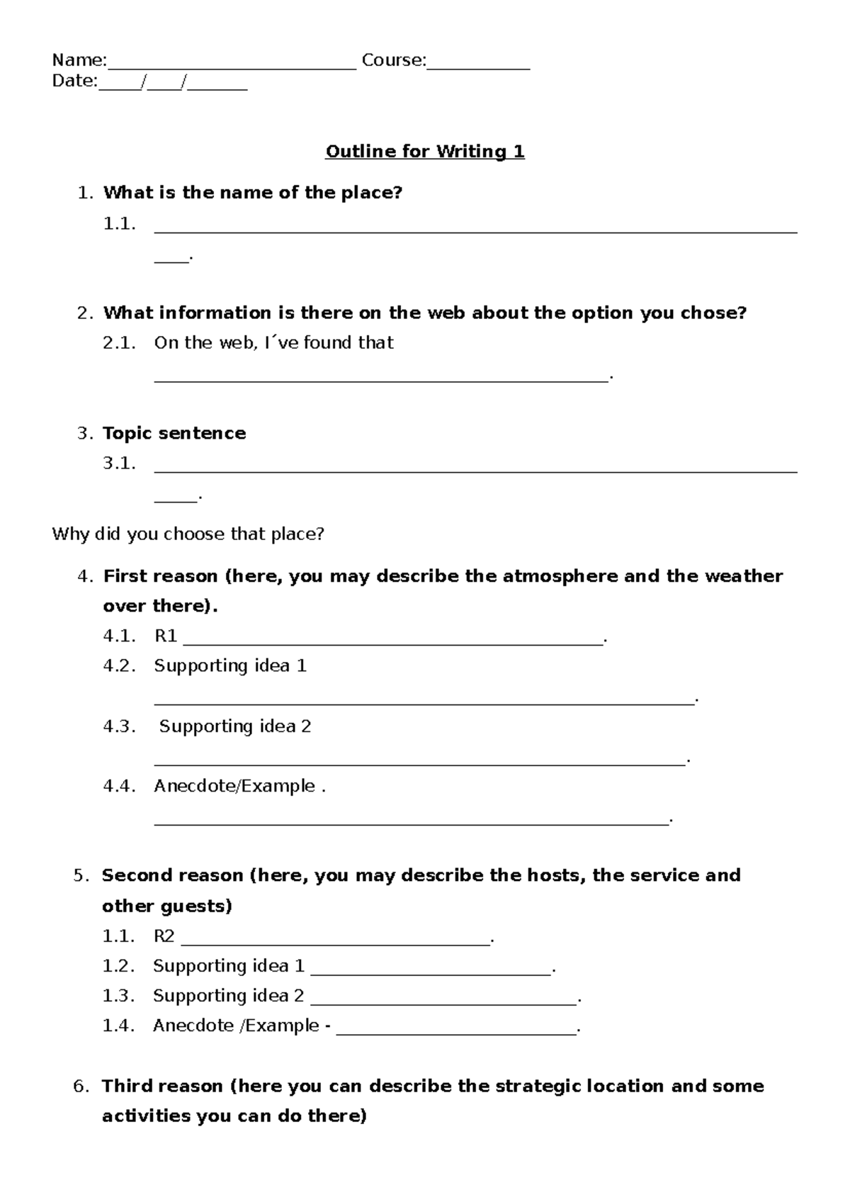 Outline for Writing 1: Structuring Your Ideas and Reasons - Studocu