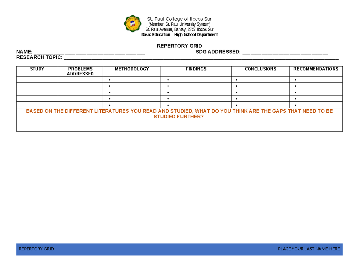 Repertory GRID Template FOR Systematic Review OF Literature - St. Paul ...