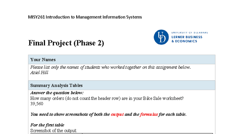 MISY261 Management Information Systems Final Project Phase 2 Analysis ...