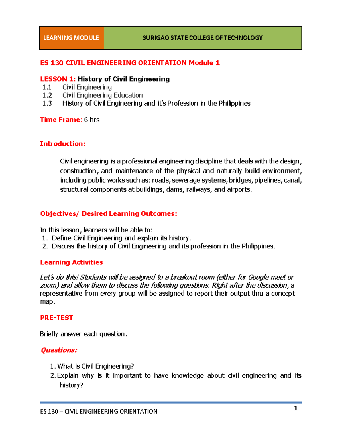 ES 130 CE Orientation Midterm: History of Civil Engineering Module ...
