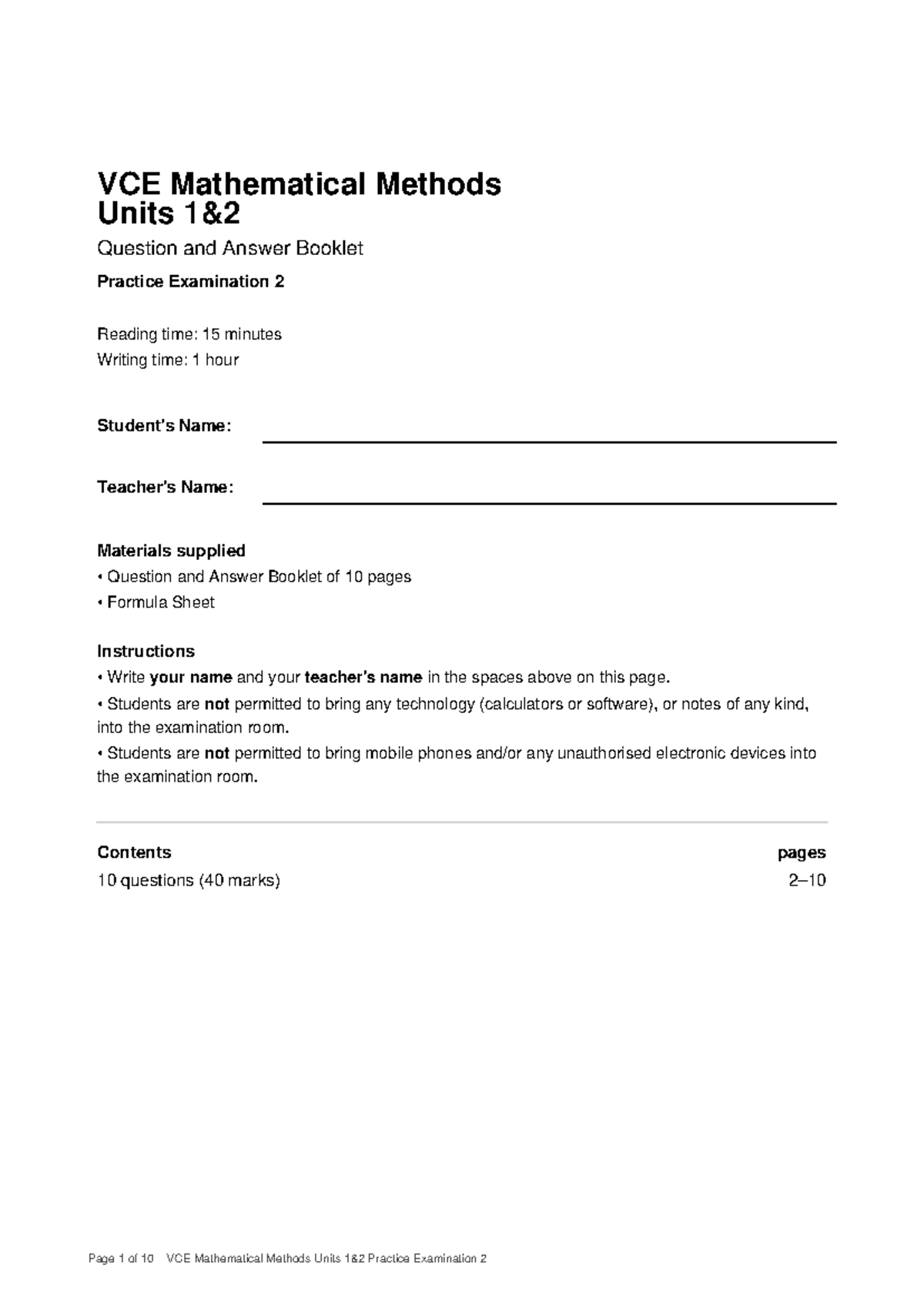 VCE Mathematical Methods Units Practice Exam 2 - Q&A Booklet - Studocu