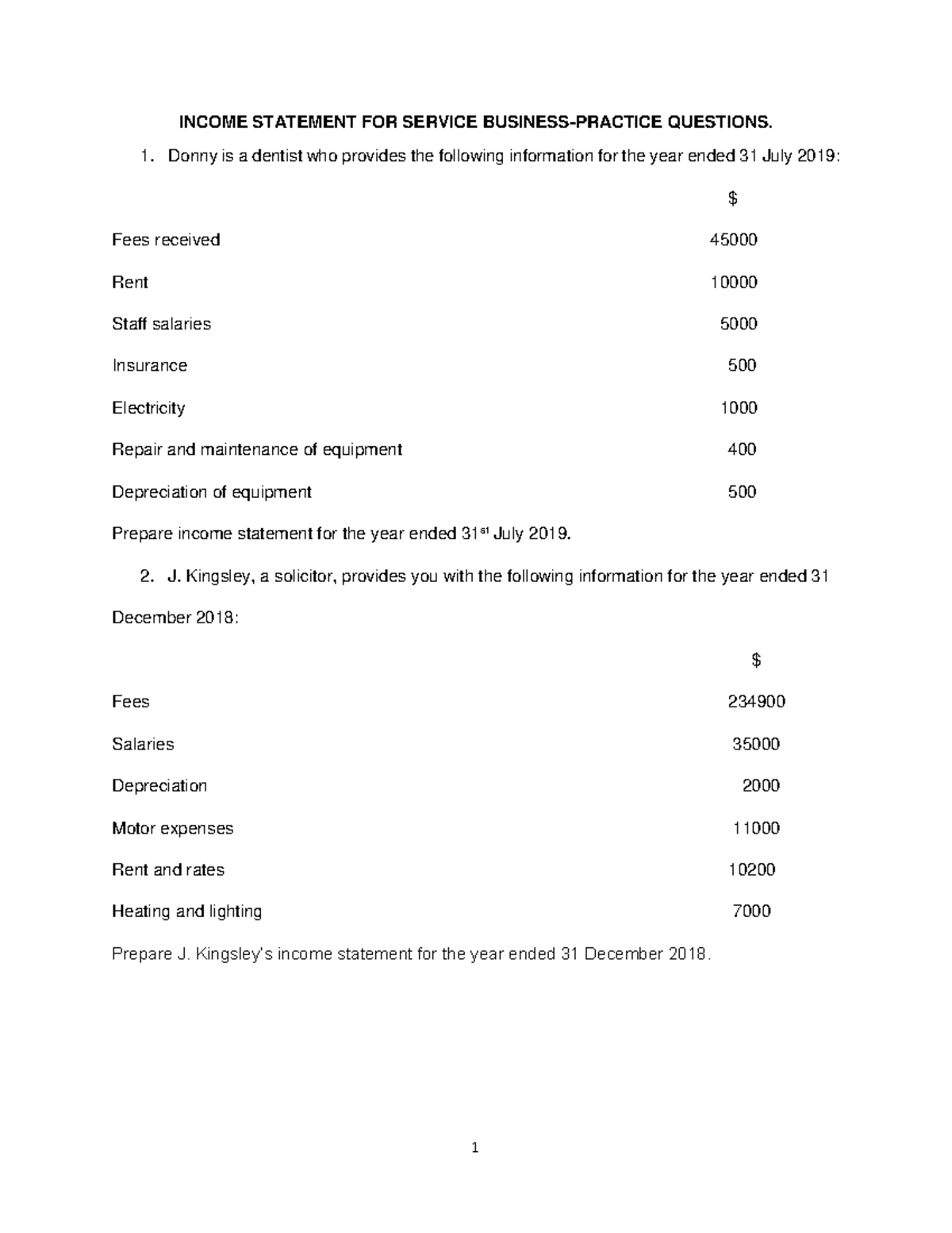 Income Statement OF Service Business- Worksheet - INCOME STATEMENT FOR ...