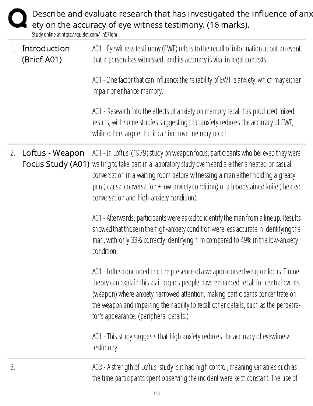 D+E: The Impact of Anxiety on Eyewitness Testimony Accuracy (16 Marks ...