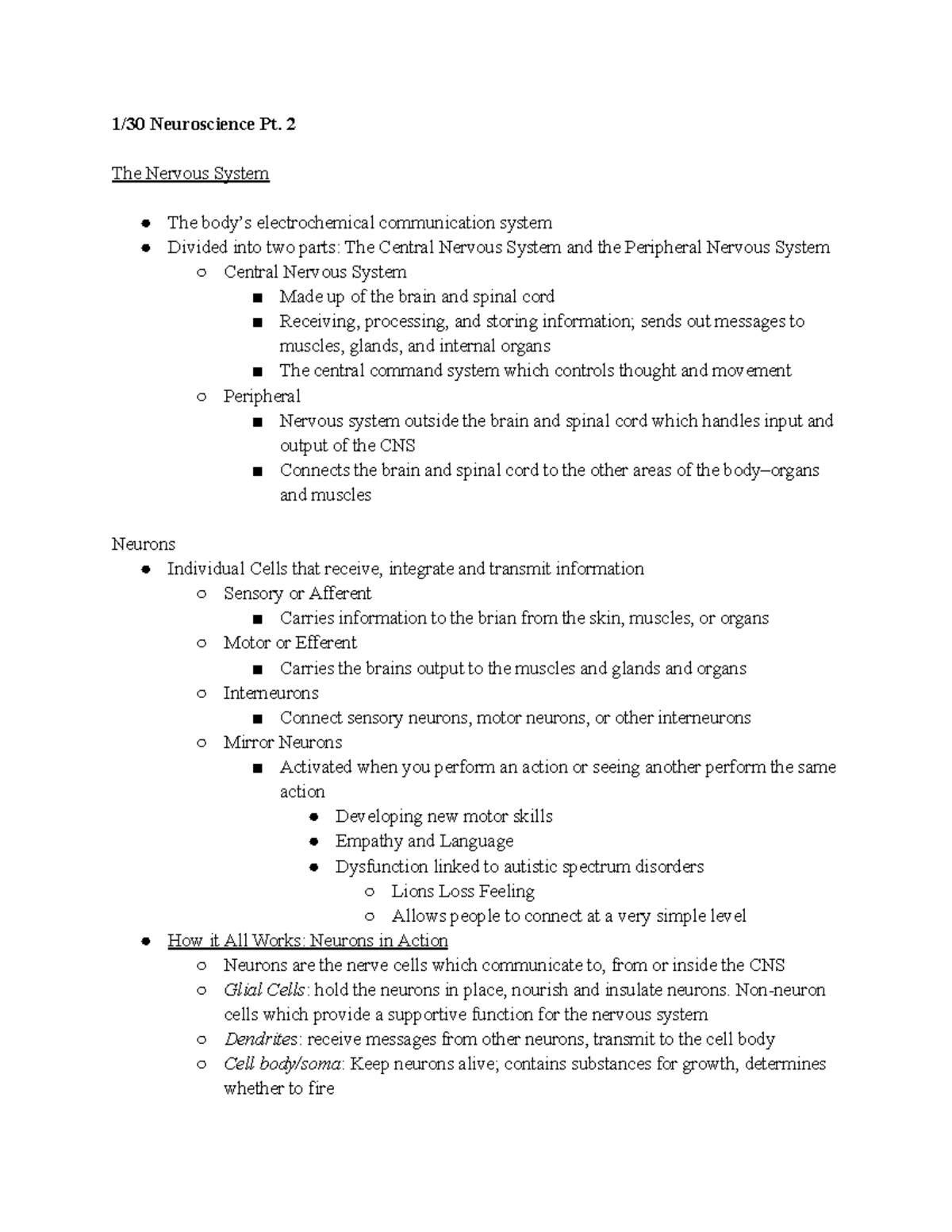 Neuroscience Lecture Notes - Psych 111 - The Nervous System and Neurons ...