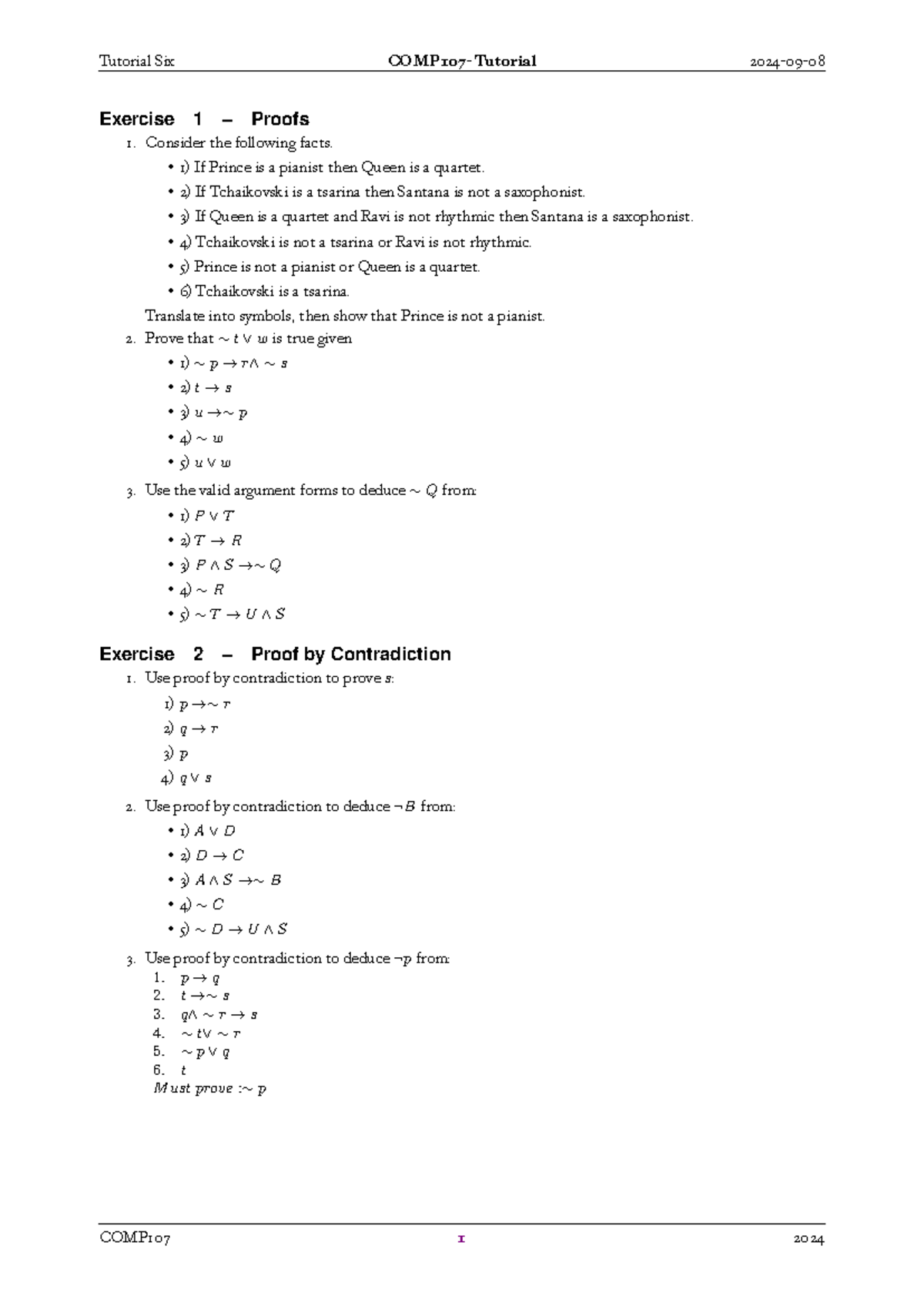 Tutorial six logic - Tutorial Six COMP107- Tutorial 2024-09- Exercise 1 ...