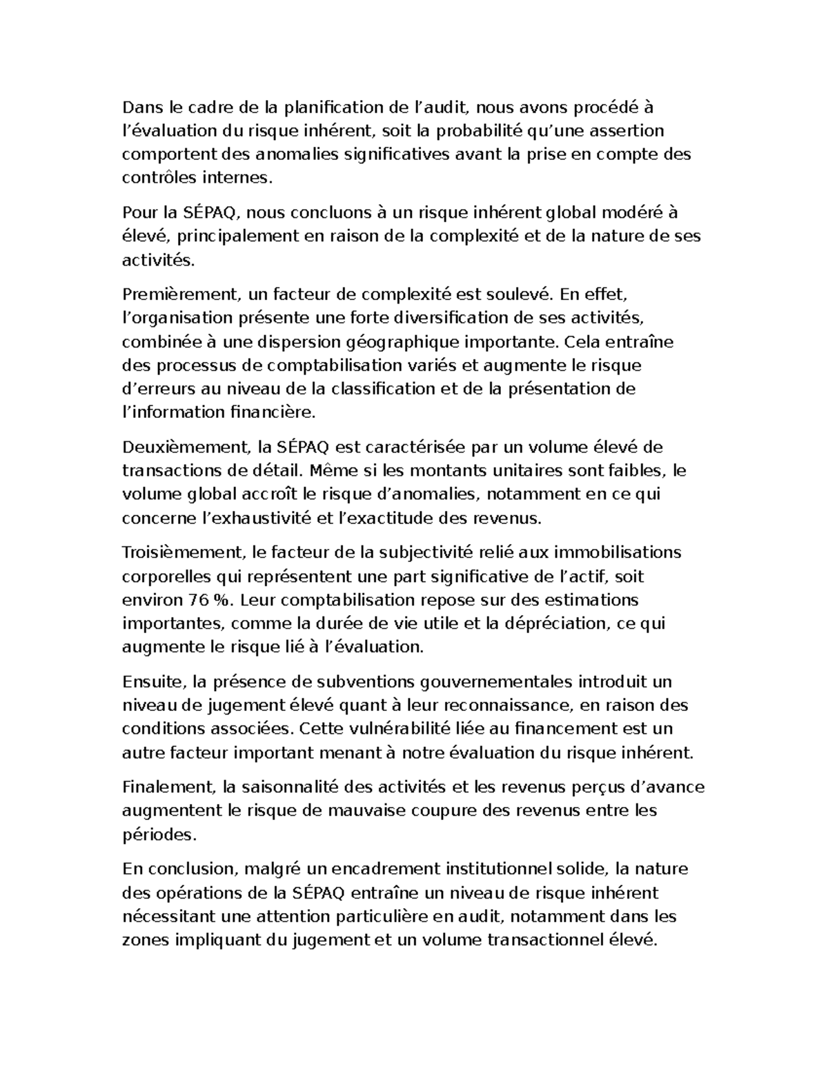 Évaluation du Risque Inhérent pour la SÉPAQ - Oral certif II - Studocu