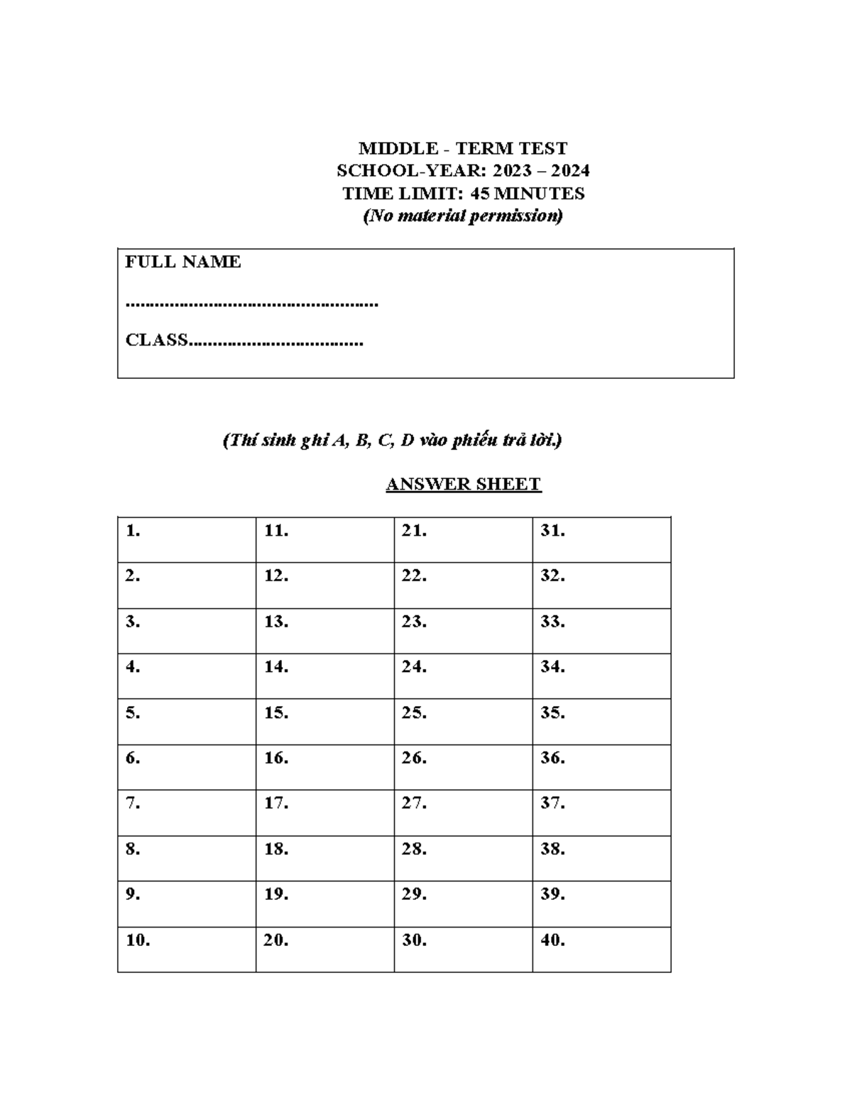 Answer Sheet - L1 - ………. - Reading Level 1 - MIDDLE - TERM TEST SCHOOL ...