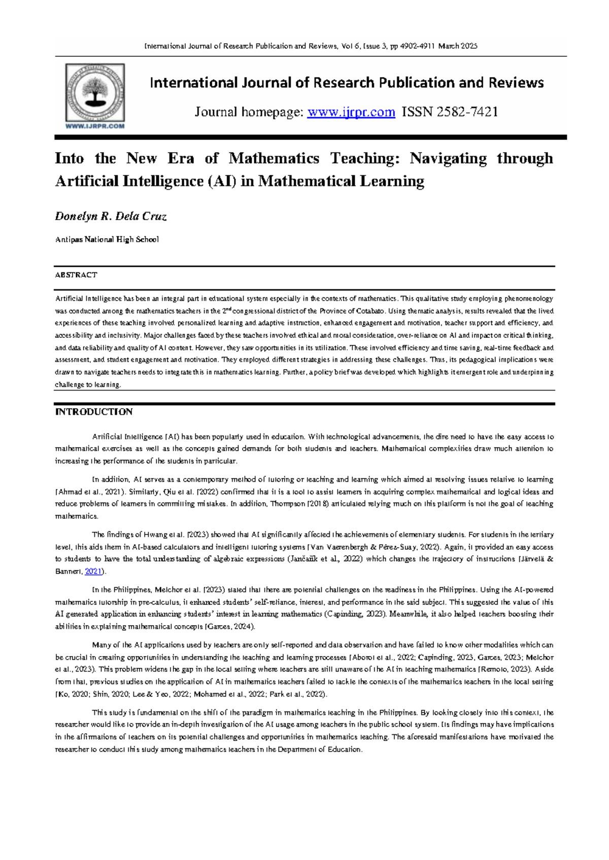 Dela Cruz - Navigating AI in Math Teaching: Challenges & Opportunities ...