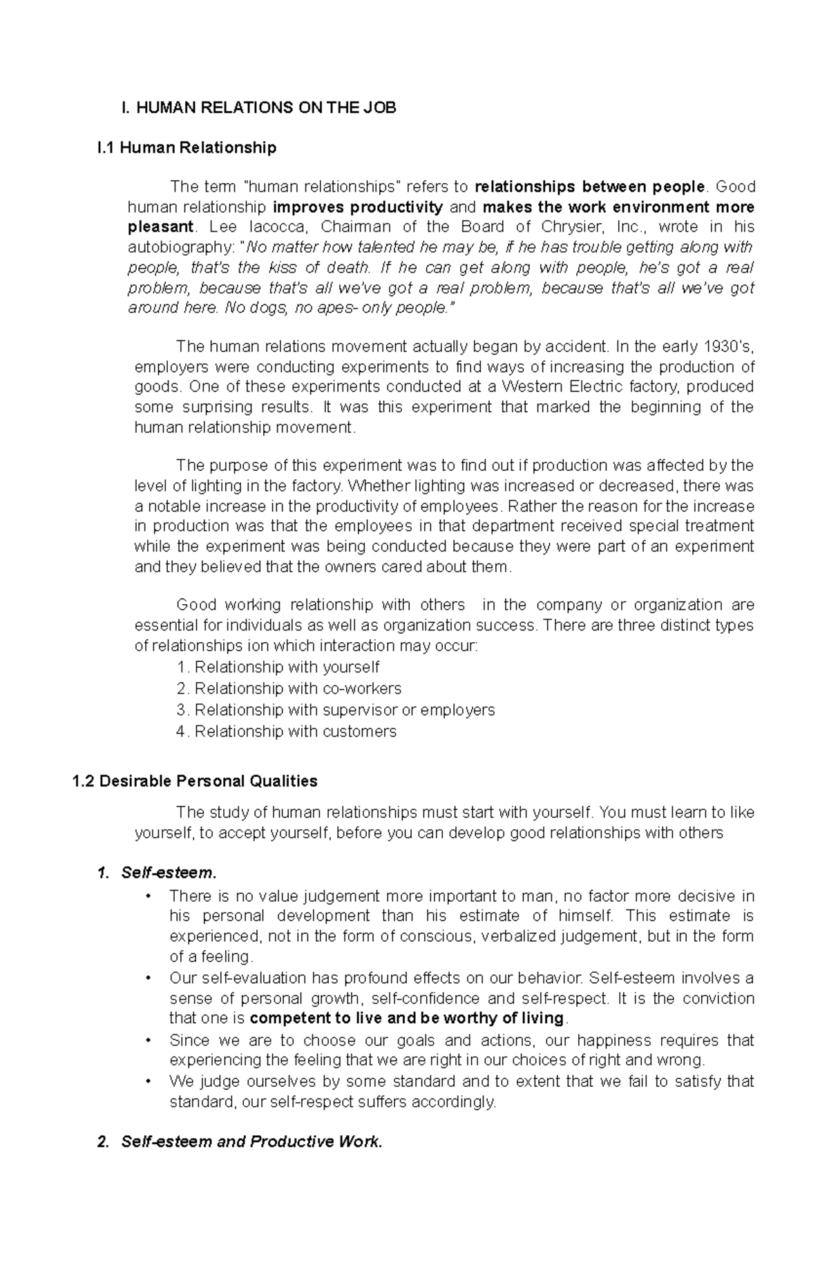 Office and System Management - I. HUMAN RELATIONS ON THE JOB I Human ...