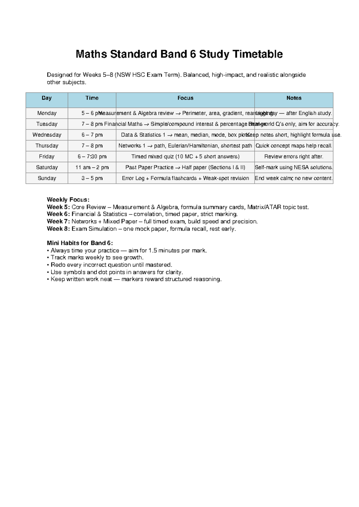 Maths Standard Band 6 Study Timetable for HSC Exam Preparation - Studocu