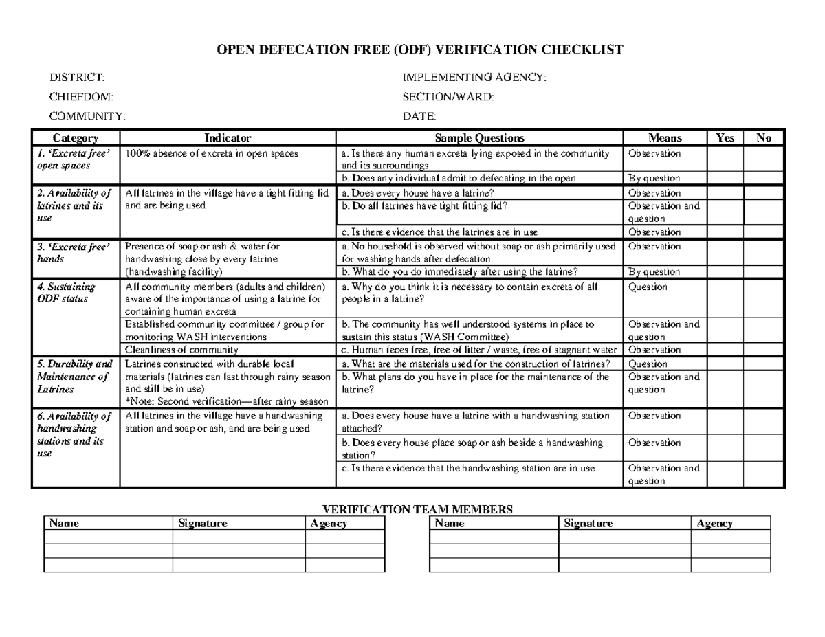 ODF Verification Checklist for Community WASH Assessment - Studocu