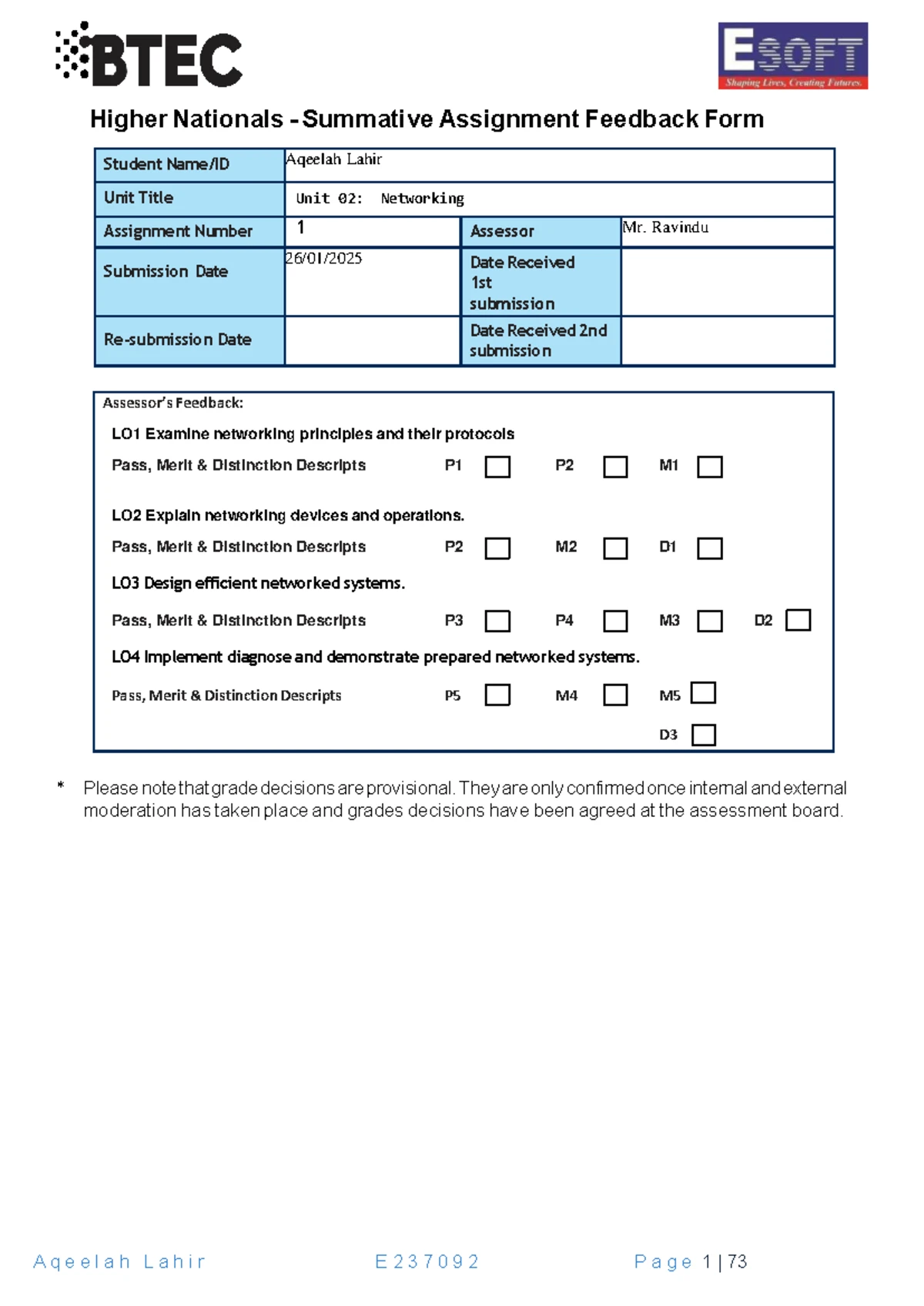 BTEC HND Computing Unit 01 Programming assignment feedback form - Studocu