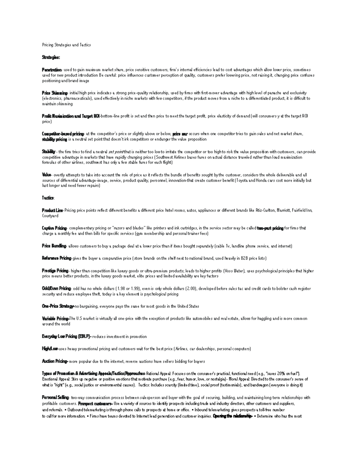 Exam 4 Notes on Pricing Strategies and Tactics (MKT 301) - Studocu