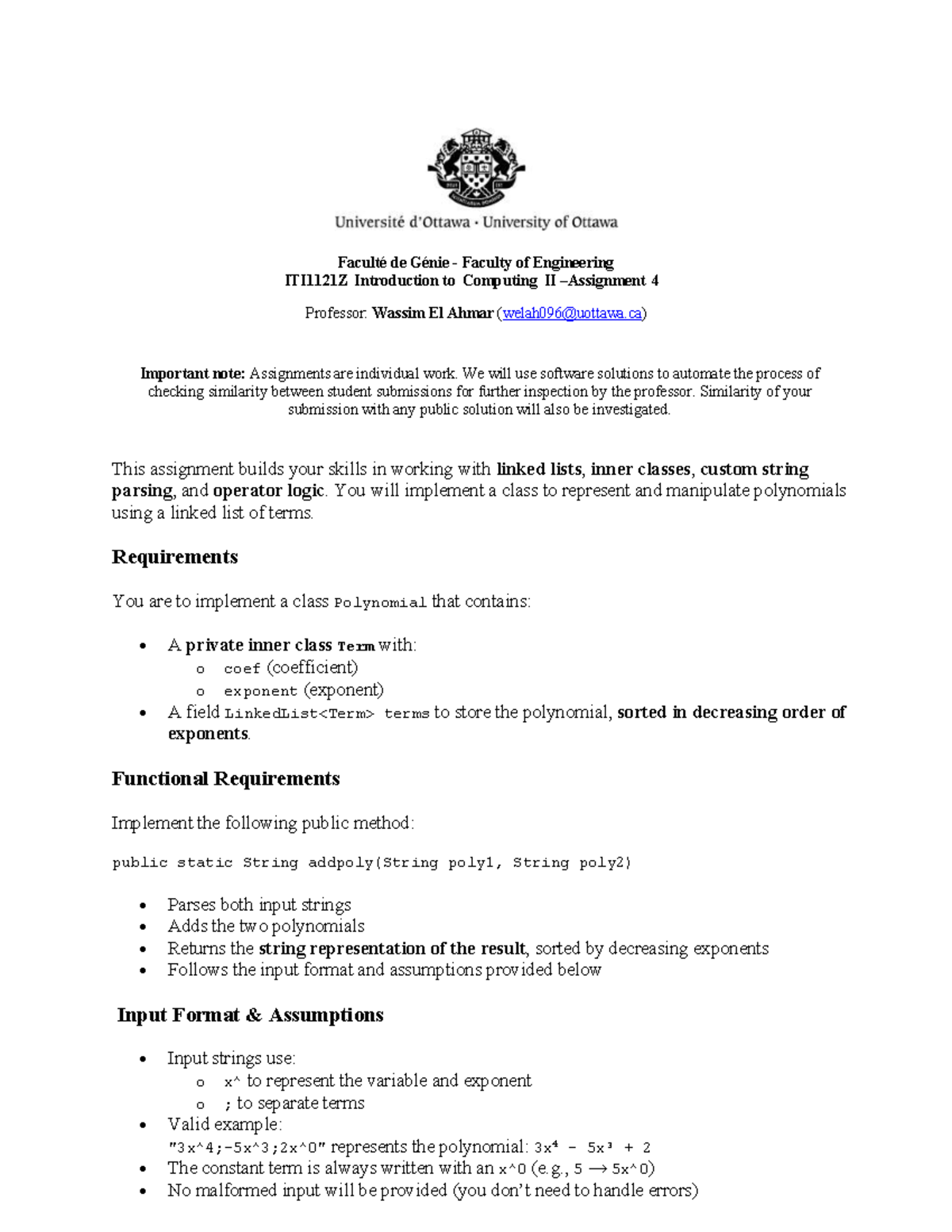 ITI1121Z Assignment 4: Polynomial Class Implementation Guide - Studocu