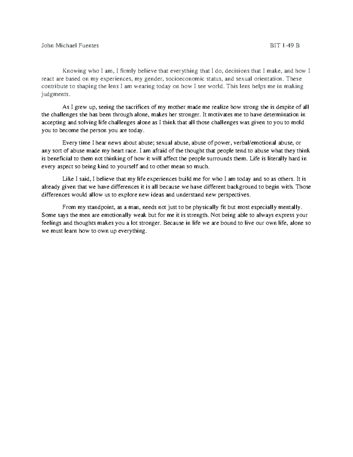 BIT B: Standpoint Theory and Personal Identity Reflections - Studocu