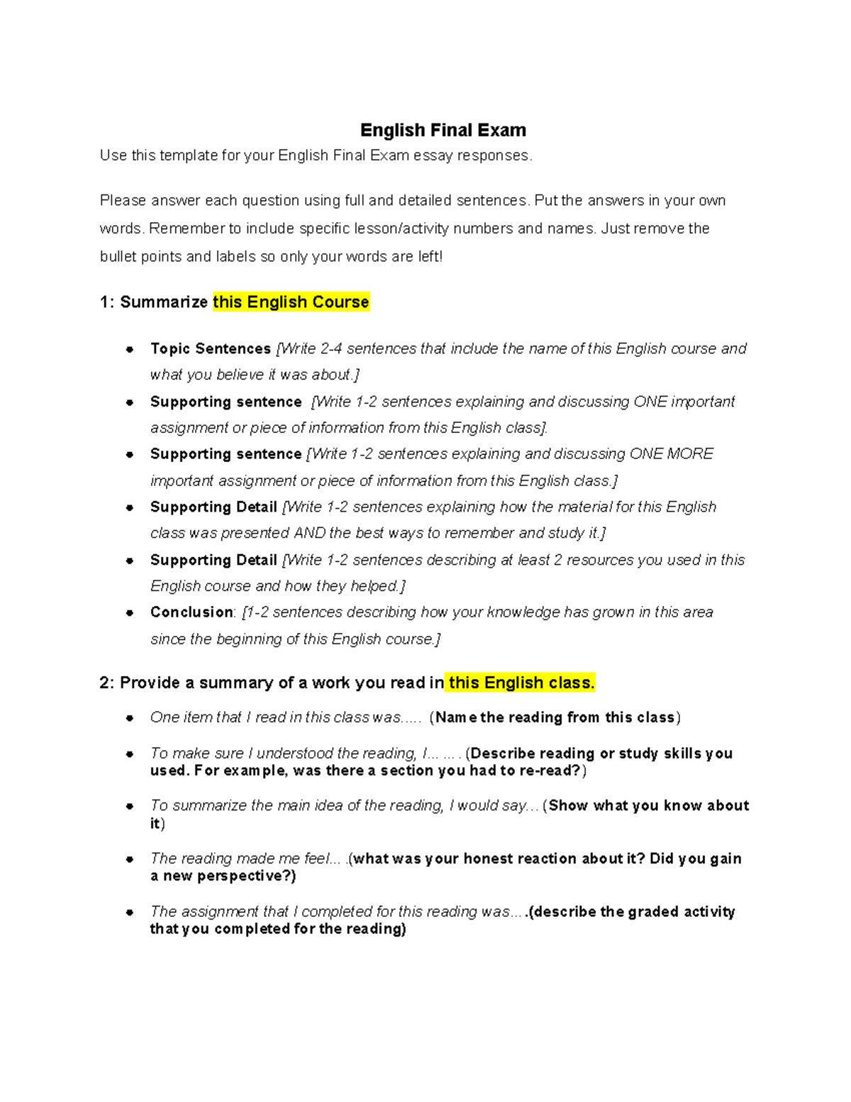 English 101 Final Exam Essay Template - Studocu