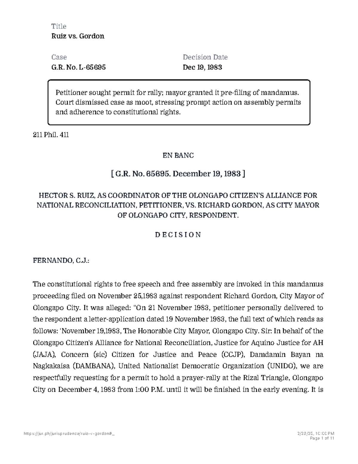 G.R. No. L-65695: Decision on Ruiz vs. Gordon Case - Dec 19, 1983 - Studocu