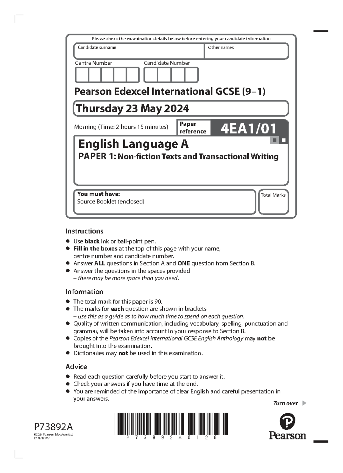 Edexcel International GCSE English Language A Exam Paper 1 (4EA1 01 ...