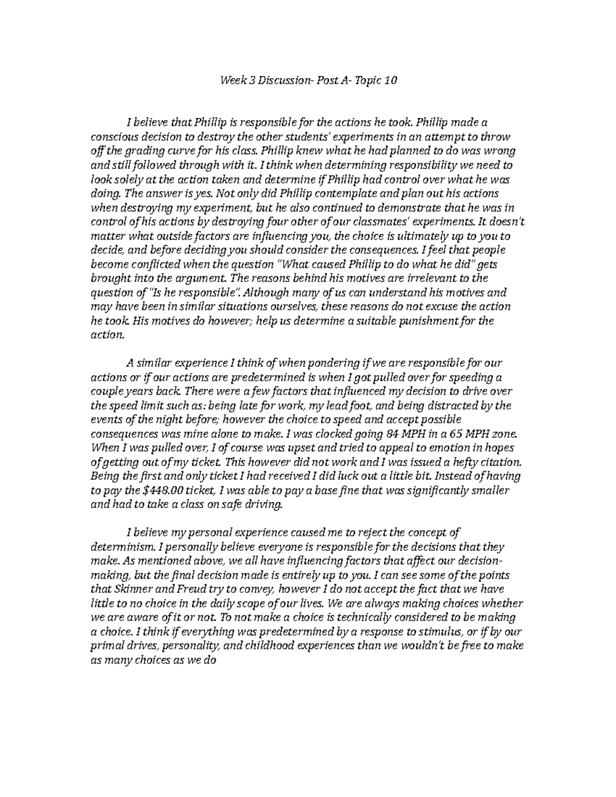 PHL201 Week 3 Discussion: Responsibility and Free Will Insights - Studocu