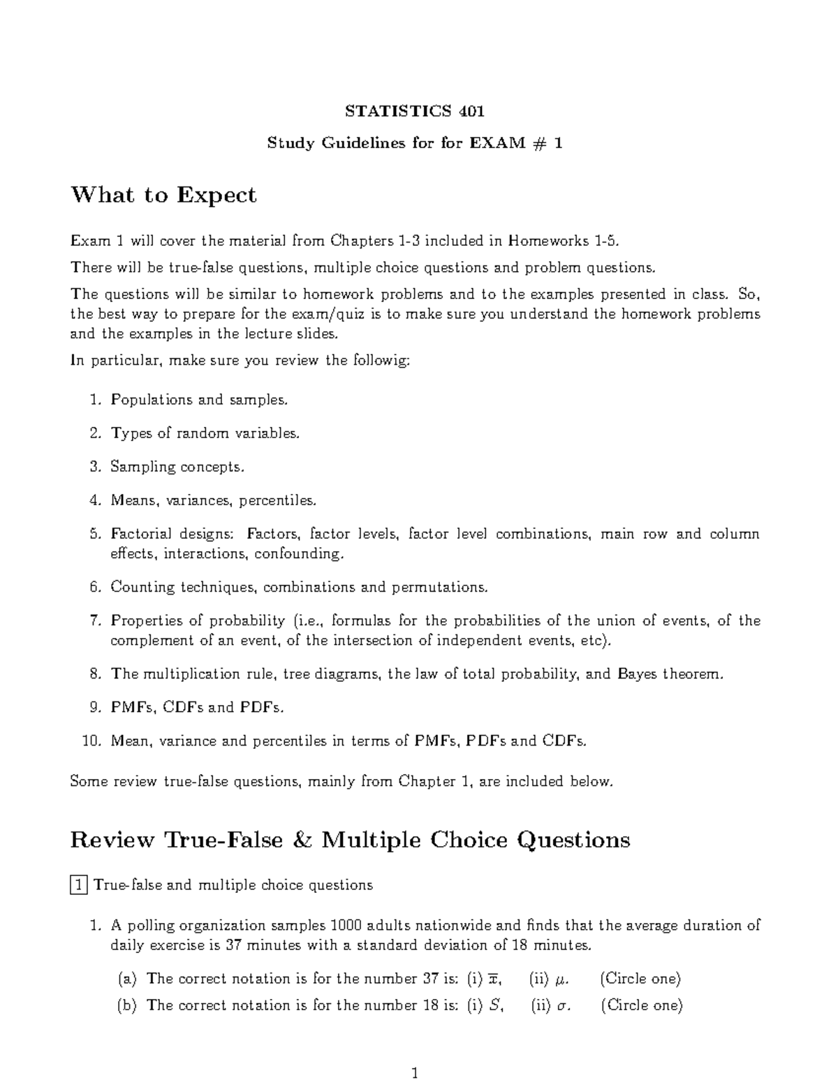 Study guidelines exam 1 - STATISTICS 401 Study Guidelines for for EXAM ...
