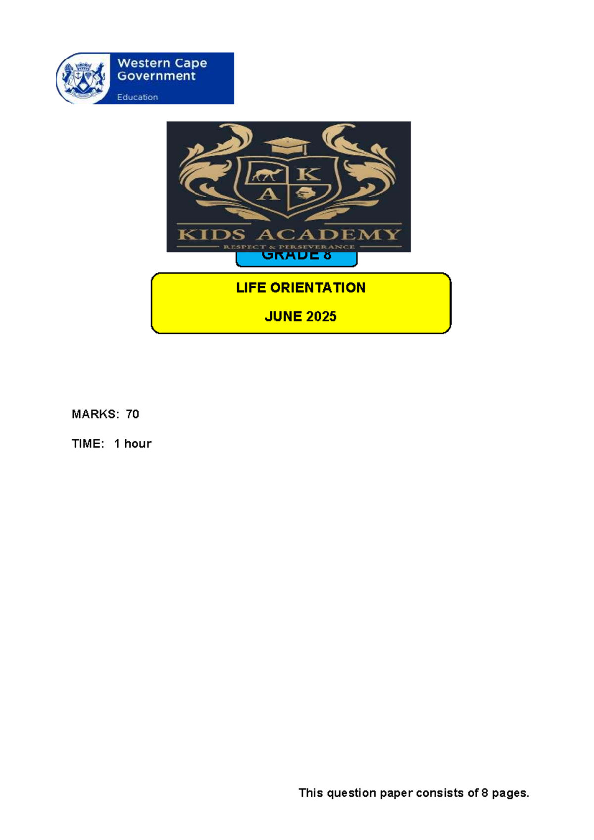 Grade 8 Life Orientation June Exam 2025: Comprehensive Question Paper ...